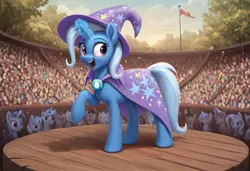 Size: 1216x832 | Tagged: safe, ai content, derpibooru import, generator:civitai, machine learning generated, stable diffusion, trixie, unicorn, cape, clothes, crowd, female, generator:pony diffusion v6 xl, happy, hat, horn, image, jpeg, looking at you, magic, performance, prompter:emilia starsong, solo, solo female, stage, trixie's cape, trixie's hat