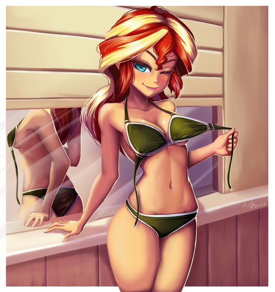 Size: 943x1000 | Tagged: suggestive, artist:the-park, derpibooru import, sunset shimmer, human, equestria girls, bikini, clothes, g4, image, looking at you, mirror, one eye closed, png, solo, swimsuit, teasing, undressing, wink, winking at you