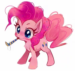 Size: 1271x1200 | Tagged: safe, artist:pkbunny, derpibooru import, pinkie pie, earth pony, pony, chest fluff, female, filly, foal, freckles, image, jpeg, party horn, simple background, solo, white background