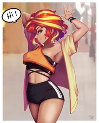 Size: 803x1000 | Tagged: safe, artist:the-park, derpibooru import, sunset shimmer, human, image, midriff, png, short hair, solo