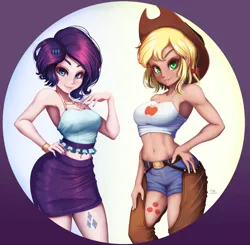 Size: 1022x1000 | Tagged: safe, artist:the-park, derpibooru import, applejack, rarity, human, clothes, cowboy hat, duo, female, hat, humanized, image, lesbian, midriff, png, rarijack, shipping, short hair, simple background, tanktop