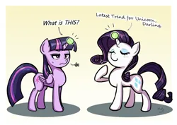 Size: 1414x1000 | Tagged: safe, artist:the-park, derpibooru import, ponybooru import, rarity, twilight sparkle, twilight sparkle (alicorn), alicorn, pony, unicorn, ball, blush lines, blushing, dialogue, duo, emanata, eyes closed, female, horn, horn impalement, hornball, image, implied izzy moonbow, mare, png, simple background, sweat, sweatdrop, tennis ball, twilight is not amused, twilight sparkle is not amused, unamused