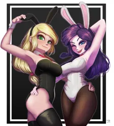 Size: 899x1000 | Tagged: safe, artist:the-park, derpibooru import, applejack, rarity, human, equestria girls, adorasexy, arm behind head, armpits, beautiful, beautisexy, black and white, breasts, bunny ears, bunny suit, busty applejack, busty rarity, clothes, costume, cute, cute face, dress, duo, duo female, female, grayscale, happy, humanized, image, leggings, lesbian, long socks, looking at you, monochrome, one eye closed, open mouth, open smile, png, pride, proud, raised arm, rarijack, ribbon, sexy, shipping, simple background, smiling, smiling at you, socks (coat marking), stupid sexy applejack, stupid sexy rarity, wink, winking at you