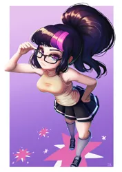 Size: 706x1000 | Tagged: safe, artist:the-park, derpibooru import, ponybooru import, sci-twi, twilight sparkle, human, equestria girls, breasts, busty twilight sparkle, clothes, female, g4, glasses, grumpy, hand on hip, humanized, image, light skin, looking at you, png, ponytail, shoes, simple background, skirt, sneakers, socks, solo, stare