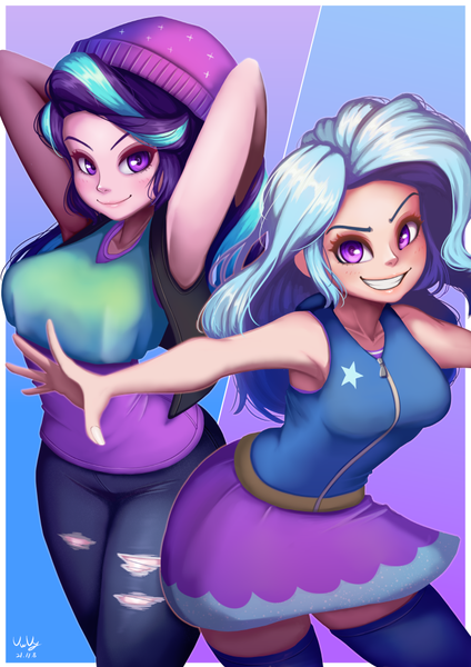 Size: 706x1000 | Tagged: suggestive, artist:the-park, derpibooru import, starlight glimmer, trixie, human, equestria girls, arm behind head, armpits, beanie, beautiful, beautisexy, big breasts, breasts, busty starlight glimmer, busty trixie, clothes, denim, duo, duo female, female, g4, happy, hat, humanized, image, jacket, jeans, lesbian, lips, long socks, nails, pants, png, pose, ripped jeans, sexy, shipping, simple background, skirt, smiling, startrix, stupid sexy starlight glimmer, stupid sexy trixie, tanktop, teeth