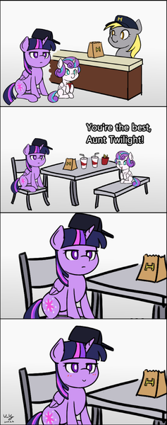 Size: 395x1000 | Tagged: safe, artist:the-park, derpibooru import, derpy hooves, princess flurry heart, twilight sparkle, twilight sparkle (alicorn), alicorn, pegasus, pony, aunt and niece, blush lines, blushing, comic, fast food, food, hat, image, meme template, png, smiling, uncle murphy
