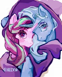 Size: 1653x2048 | Tagged: safe, artist:neexsa, derpibooru import, starlight glimmer, trixie, pony, unicorn, cape, clothes, female, hat, horn, image, jpeg, lesbian, mare, shipping, simple background, startrix, trixie's cape, trixie's hat, white background