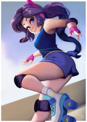 Size: 706x1000 | Tagged: safe, artist:the-park, derpibooru import, rarity, equestria girls, clothes, elbow pads, g4, headphones, image, knee pads, png, ponytail, roller skates, shorts, skates, solo