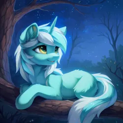 Size: 1536x1536 | Tagged: safe, ai content, derpibooru import, machine learning generated, prompter:seashell, stable diffusion, lyra heartstrings, pony, unicorn, ear fluff, female, fluffy, forest, g4, horn, image, lying down, mare, nature, night, night sky, outdoors, png, prone, sky, smiling, solo, tail, tree, two toned mane, two toned tail
