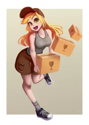 Size: 706x1000 | Tagged: safe, artist:the-park, derpibooru import, derpy hooves, human, box, clothes, delivery, humanized, image, open mouth, open smile, passepartout, png, simple background, smiling, solo, tanktop