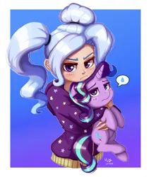 Size: 857x1000 | Tagged: safe, artist:the-park, derpibooru import, starlight glimmer, trixie, human, pony, unicorn, alternate hairstyle, babysitter trixie, blush lines, blushing, clothes, duo, female, gameloft, grumpy, holding a pony, hoodie, horn, humanized, image, lesbian, looking at you, mine!, my little pony: magic princess, passepartout, pictogram, png, possessive, shipping, simple background, startrix, sweat