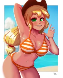 Size: 809x1000 | Tagged: suggestive, artist:the-park, derpibooru import, applejack, equestria girls, arm behind head, beach, bikini, clothes, cowboy hat, hat, image, ocean, png, soles, swim, swimsuit, the-park, water