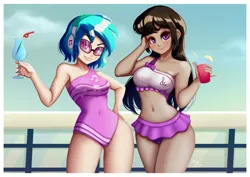 Size: 1410x1000 | Tagged: safe, artist:the-park, derpibooru import, octavia melody, vinyl scratch, human, equestria girls, clothes, duo, female, g4, image, lesbian, png, scratchtavia, shipping, swimsuit