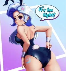 Size: 927x1000 | Tagged: suggestive, artist:the-park, derpibooru import, trixie, human, equestria girls, breasts, bunny ears, bunny suit, busty trixie, butt, choker, clothes, cuffs (clothes), cutie mark on human, dialogue, female, g4, human coloration, image, leotard, looking at you, looking back, looking back at you, png, sideboob, simple background, solo, solo female, speech bubble, the great and powerful ass, tight clothing