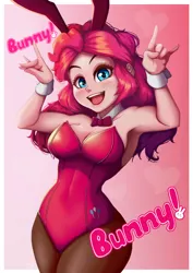 Size: 706x1000 | Tagged: safe, artist:the-park, derpibooru import, pinkie pie, human, equestria girls, bowtie, breasts, bunny ears, bunny suit, busty pinkie pie, cleavage, clothes, cuffs (clothes), devil horn (gesture), g4, image, leotard, looking at you, open mouth, open smile, pantyhose, png, simple background, smiling, solo