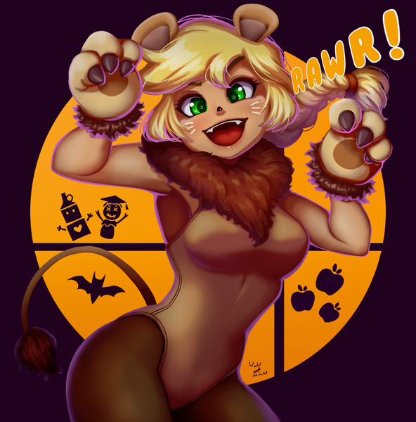 Size: 986x1000 | Tagged: safe, artist:the-park, derpibooru import, applejack, human, equestria girls, animal costume, applelion, breasts, busty applejack, clothes, costume, cute, cute little fangs, fangs, g4, halloween, halloween costume, holiday, image, leotard, looking at you, makeup, open mouth, open smile, paw gloves, png, rawr, simple background, smiling, solo, the-park