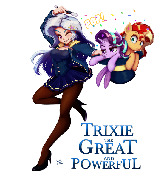 Size: 916x1000 | Tagged: safe, artist:the-park, derpibooru import, starlight glimmer, sunset shimmer, trixie, human, pony, hat, image, magician outfit, png, simple background, trio, wand