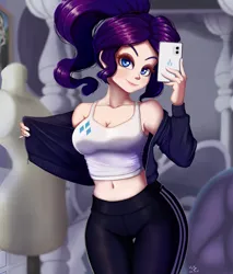 Size: 852x1000 | Tagged: safe, artist:the-park, derpibooru import, rarity, human, equestria girls, breasts, busty rarity, clothes, g4, human coloration, image, open clothes, png, ponytail, selfie, solo, tanktop, tracksuit