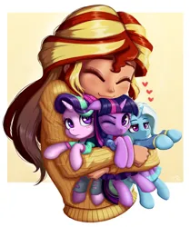 Size: 834x1000 | Tagged: safe, artist:the-park, derpibooru import, starlight glimmer, sunset shimmer, trixie, twilight sparkle, twilight sparkle (alicorn), alicorn, human, pony, unicorn, equestria girls, blush lines, blushing, clothes, equestria girls outfit, eyes closed, floating heart, g4, heart, holding a pony, horn, hugging a pony, image, one eye closed, png, simple background, smiling, squeezing, sweater, trixie is not amused, unamused, wink