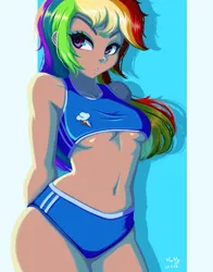 Size: 783x1000 | Tagged: suggestive, derpibooru import, rainbow dash, breasts, image, midriff, png, simple background, solo, standing, the-park, underboob