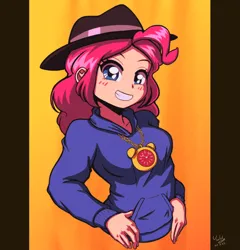 Size: 958x1000 | Tagged: safe, artist:the-park, derpibooru import, pinkie pie, human, equestria girls, 80's fashion, equestria girls-ified, grin, image, noise, png, rapper pie, simple background, smiling, solo