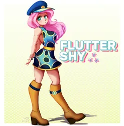 Size: 988x1000 | Tagged: safe, artist:the-park, derpibooru import, fluttershy, human, ancient wonderbolts uniform, boots, breasts, busty fluttershy, clothes, hat, humanized, image, png, shoes, simple, solo, uniform