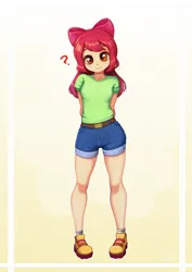 Size: 706x1000 | Tagged: safe, artist:the-park, derpibooru import, apple bloom, human, equestria girls, blush lines, blushing, g4, image, looking at you, png, question mark, ribbon, simple background, smiling, smiling at you, solo, standing