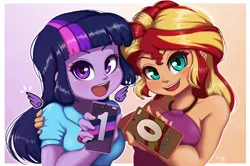 Size: 1508x1000 | Tagged: safe, artist:the-park, derpibooru import, sunset shimmer, twilight sparkle, human, equestria girls, anniversary art, blush lines, blushing, duo, female, floating wings, g4, hand on shoulder, image, lesbian, looking at you, mobile phone, open mouth, open smile, phone, png, shipping, simple background, smiling, sunsetsparkle, wings