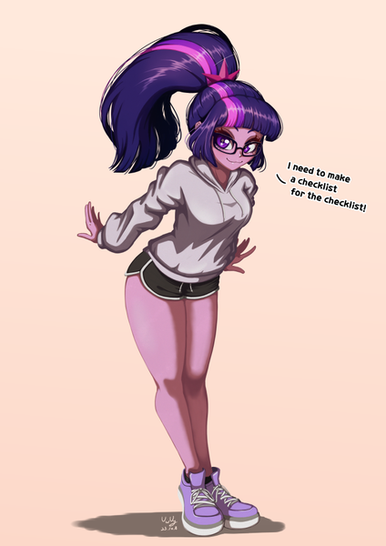 Size: 706x1000 | Tagged: safe, artist:the-park, derpibooru import, sci-twi, twilight sparkle, human, equestria girls, clothes, dialogue, g4, glasses, hoodie, image, png, ponytail, shorts, simple background, smiling, solo