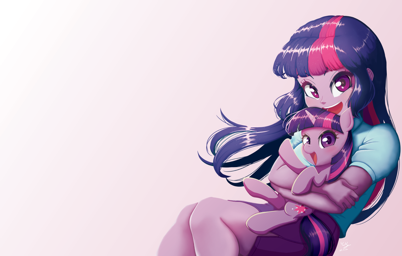 Size: 1571x1000 | Tagged: safe, artist:the-park, derpibooru import, twilight sparkle, twilight sparkle (alicorn), alicorn, human, pony, equestria girls, g4, holding a pony, hugging a pony, human ponidox, image, open mouth, open smile, png, self paradox, self ponidox, simple background, smiling, starry eyes, wingding eyes