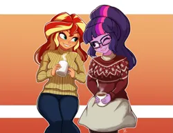 Size: 1035x800 | Tagged: safe, artist:the-park, derpibooru import, sci-twi, sunset shimmer, twilight sparkle, equestria girls, duo, female, image, lesbian, looking at each other, looking at someone, mug, png, shipping, simple background, sunsetsparkle