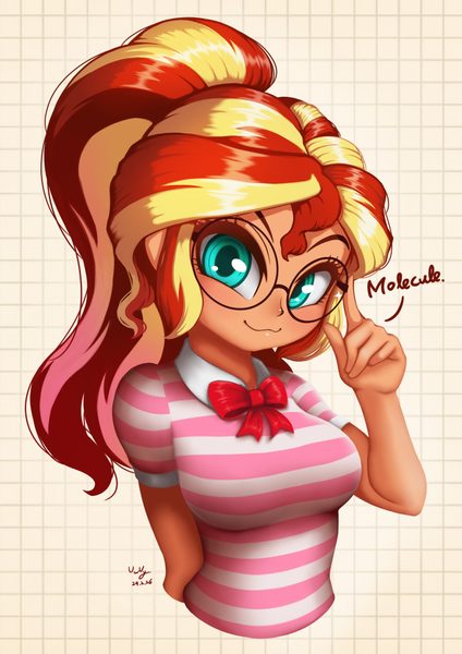 Size: 706x1000 | Tagged: safe, artist:the-park, derpibooru import, sunset shimmer, human, equestria girls, :3, bow, clothes, g4, glasses, image, looking at you, nerd, png, ponytail, shirt, striped shirt