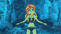 Size: 3200x1800 | Tagged: safe, artist:underwaterfanatic, derpibooru import, sunset shimmer, human, equestria girls, belly button, bikini, bubble, cave, clothes, cute, freediving, g4, holding breath, humanized, image, kisekae, midriff, png, puffy cheeks, sunset shimmer's beach shorts swimsuit, swimming, swimsuit, underwater, water