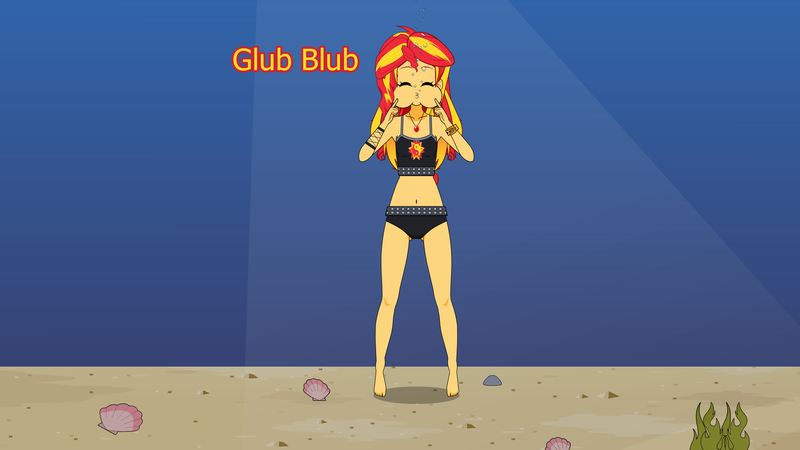 Size: 3840x2160 | Tagged: safe, artist:underwaterfanatic, derpibooru import, sunset shimmer, human, equestria girls, belly button, bikini, bubble, clothes, cute, eyes closed, g4, holding breath, humanized, image, kisekae, midriff, ocean, png, puffy cheeks, seabed, sunset shimmer's beach shorts swimsuit, swimsuit, underwater, water