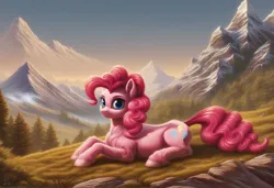 Size: 1216x832 | Tagged: safe, ai content, machine learning generated, ponerpics import, ponybooru import, pinkie pie, earth pony, pony, female, fluffy, generator:pony diffusion v6 xl, grass, image, jpeg, looking at you, mare, mountain, outdoors, prone, solo, tree, unshorn fetlocks