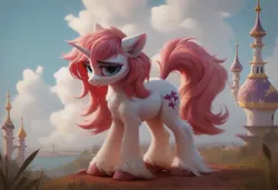 Size: 1216x832 | Tagged: safe, ai content, machine learning generated, ponerpics import, ponybooru import, oc, unofficial characters only, pony, unicorn, architecture, cloud, female, fluffy, generator:pony diffusion v6 xl, image, jpeg, mare, sad, solo, unshorn fetlocks