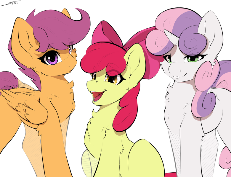 Size: 3250x2500 | Tagged: safe, artist:skitsniga, derpibooru import, apple bloom, scootaloo, sweetie belle, earth pony, pegasus, pony, unicorn, apple bloom's bow, bow, chest fluff, cutie mark crusaders, eye clipping through hair, female, folded wings, g4, hair bow, high res, horn, image, looking at you, mare, missing cutie mark, older, older apple bloom, older cmc, older scootaloo, older sweetie belle, open mouth, open smile, png, simple background, sitting, smiling, smiling at you, trio, trio female, white background, wings