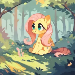 Size: 1024x1024 | Tagged: safe, ai content, derpibooru import, machine learning generated, fluttershy, butterfly, insect, pegasus, pony, forest, image, nature, png, sitting, solo, tree