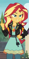 Size: 600x1200 | Tagged: prompter needed, safe, ai content, derpibooru import, machine learning generated, stable diffusion, sunset shimmer, equestria girls, blurry background, clothes, eyebrows, female, g4, image, jacket, jewelry, leather, leather jacket, lidded eyes, middle finger, necklace, outdoors, png, raised eyebrow, show accurate, smiling, smug, solo, vulgar