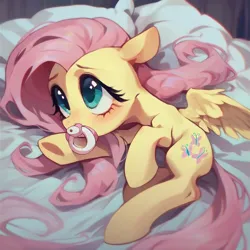 Size: 1024x1024 | Tagged: safe, ai content, derpibooru import, machine learning generated, fluttershy, pegasus, pony, bed, bedroom, image, lies, pacifier, png, solo