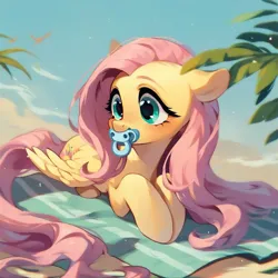 Size: 1024x1024 | Tagged: safe, ai content, derpibooru import, machine learning generated, fluttershy, pegasus, pony, beach, beach towel, image, pacifier, png, solo, towel