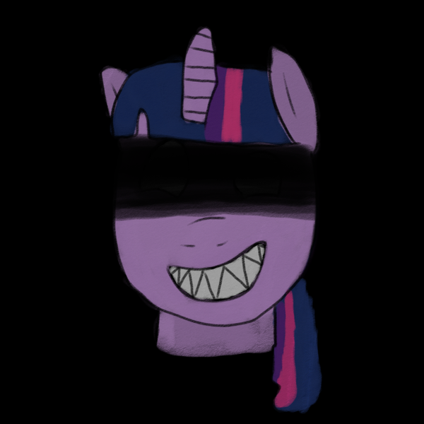 Size: 1002x1002 | Tagged: semi-grimdark, artist:enterusxrname, derpibooru import, twilight sparkle, pony, unicorn, bust, dark eyes, female, g4, horn, image, insanity, mare, no eyes, png, sharp teeth, solo, teeth, twilight snapple