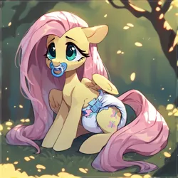 Size: 1024x1024 | Tagged: safe, ai content, derpibooru import, machine learning generated, fluttershy, pegasus, pony, diaper, diaper fetish, fetish, forest, image, nature, pacifier, png, sitting, solo, tree