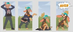 Size: 7299x3208 | Tagged: safe, artist:fauvfox, derpibooru import, goat, human, them's fightin' herds, bandana, community related, human to goat, image, male to female, png, rule 63, shanty (tfh), transformation, transformation sequence, transgender transformation