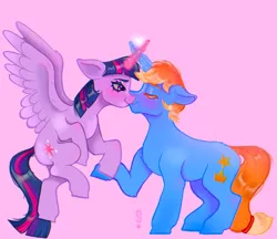 Size: 3278x2837 | Tagged: safe, artist:sugar daze, derpibooru import, twilight sparkle, twilight sparkle (alicorn), oc, oc:horizon, alicorn, unicorn, blushing, canon x oc, commission, cutie mark, flying, heart, hoof hold, horn, image, kiss on the lips, kissing, magic, magic aura, png, shading, signature, spread wings, wings