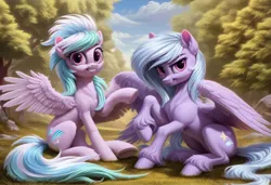 Size: 1216x832 | Tagged: safe, ai content, machine learning generated, ponerpics import, ponybooru import, cloudchaser, flitter, pegasus, pony, alternate cutie mark, cloud, duo, female, fluffy, generator:pony diffusion v6 xl, image, jpeg, looking at you, mare, missing accessory, sitting, smiling, smiling at you, spread wings, tree, underhoof, unshorn fetlocks, wings