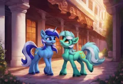 Size: 1216x832 | Tagged: safe, ai content, machine learning generated, ponerpics import, ponybooru import, lyra heartstrings, minuette, pony, unicorn, building, duo, female, generator:pony diffusion v6 xl, happy, image, jpeg, looking at someone, looking up, mare, open mouth, open smile, smiling, unshorn fetlocks