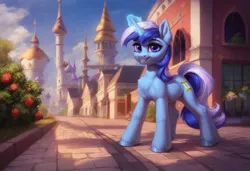 Size: 1216x832 | Tagged: safe, ai content, machine learning generated, ponerpics import, ponybooru import, minuette, pony, unicorn, canterlot, chest fluff, female, flower, generator:pony diffusion v6 xl, image, jpeg, looking at you, magic, mare, smiling, smiling at you, solo, unshorn fetlocks