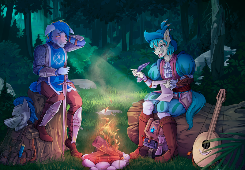 Size: 2500x1739 | Tagged: safe, artist:razputina, ponerpics import, ponybooru import, sandbar, oc, anthro, earth pony, plantigrade anthro, pony, series:saga of sandbard, adventure, armor, backpack, bard, blushing, camp, campfire, chainmail, commission, crepuscular rays, digital art, embarrassed, fantasy, fantasy class, feathered hat, forest, forest background, greaves, half plate, hat, helmet, image, implied gallus, implied gay, interview, knight, lace, lute, male, males only, medieval, minstrel, musical instrument, pantaloons, parchment, png, puffy sleeves, quill, ruffles, sitting on a tree, stallion, stallions only, stupid sexy sandbar, sword, tabard, tree, vambrace, weapon, writing