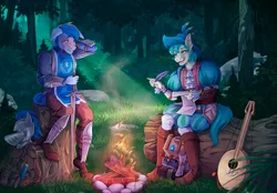 Size: 2500x1739 | Tagged: safe, artist:razputina, ponerpics import, ponybooru import, sandbar, oc, anthro, earth pony, plantigrade anthro, pony, series:saga of sandbard, adventure, armor, backpack, bard, blushing, camp, campfire, chainmail, commission, crepuscular rays, digital art, embarrassed, fantasy, fantasy class, feathered hat, forest, forest background, greaves, half plate, hat, helmet, image, implied gallus, implied gay, interview, knight, lace, lute, male, males only, medieval, minstrel, musical instrument, pantaloons, parchment, png, puffy sleeves, quill, ruffles, sitting on a tree, stallion, stallions only, stupid sexy sandbar, sword, tabard, tree, vambrace, weapon, writing